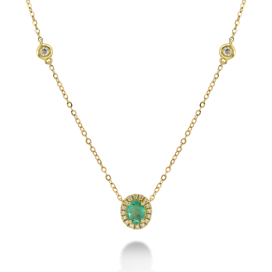18K Gold Emerald & Diamond Halo Necklace by ORLY Jewellers