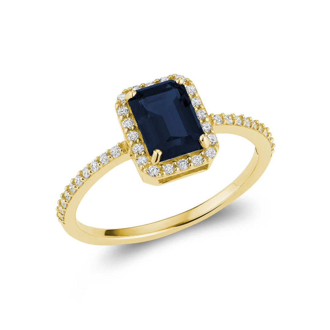Diamond Halo &amp; Emerald Cut Lab Grown Gemstone Ring