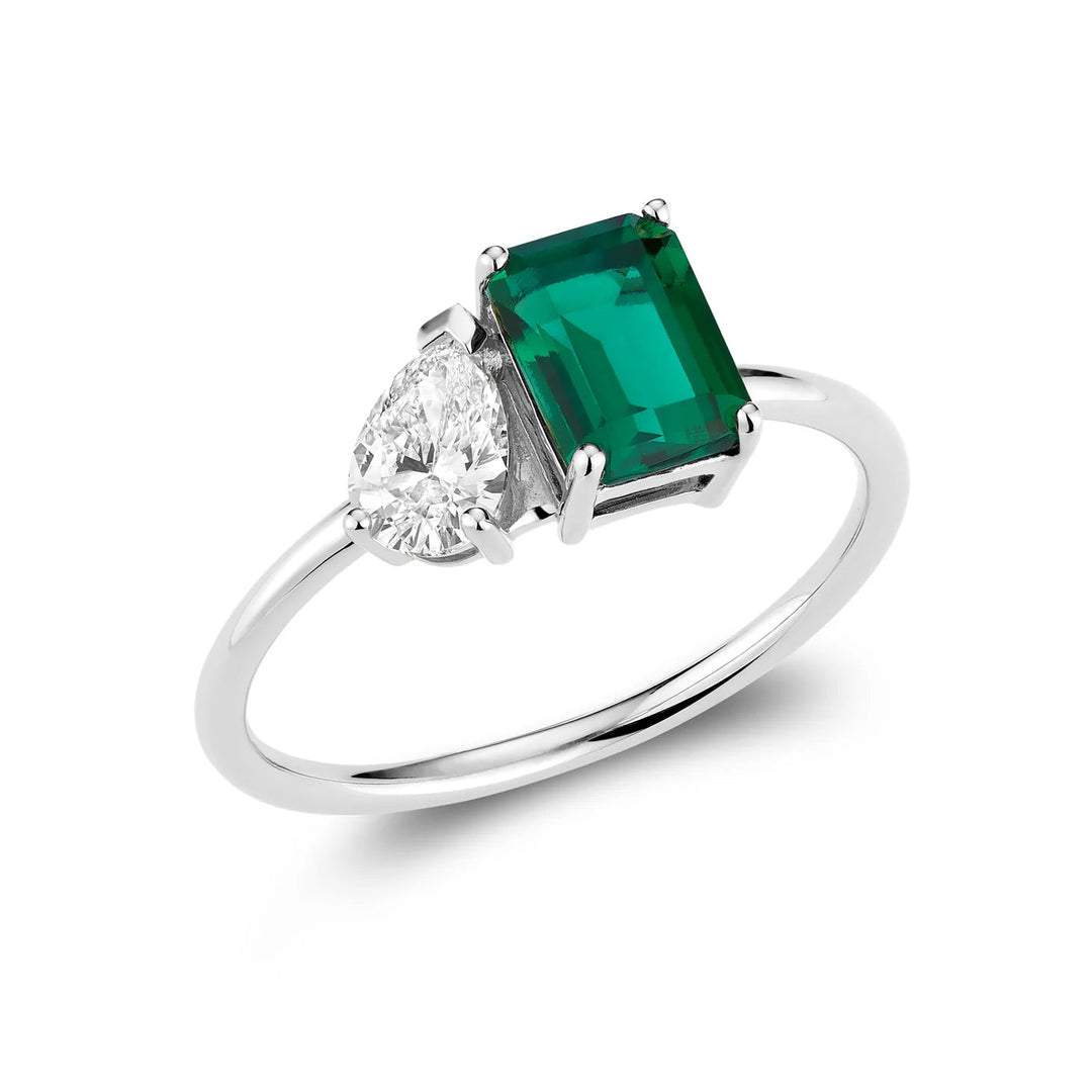 Toi et Moi Pear &amp; Emerald Cut with Lab Grown Diamond &amp; LG Gemstone Ring