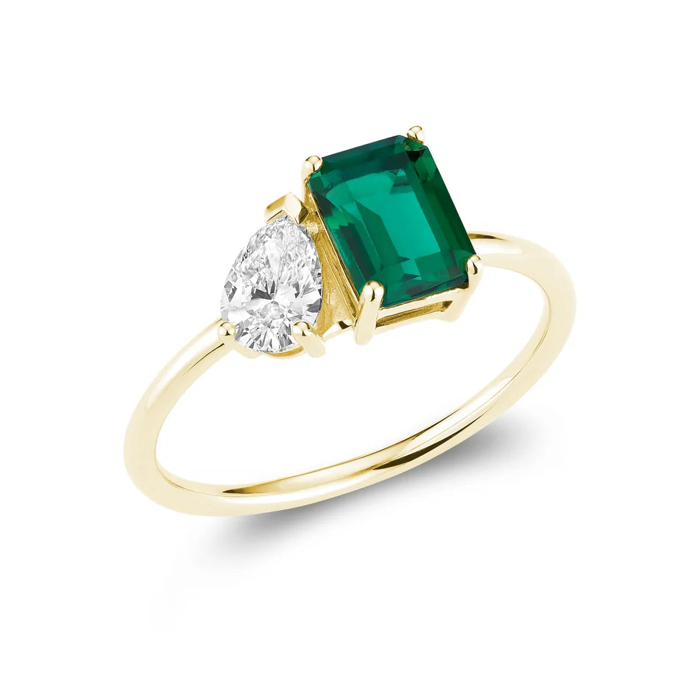 Toi et Moi Pear &amp; Emerald Cut with Lab Grown Diamond &amp; LG Gemstone Ring