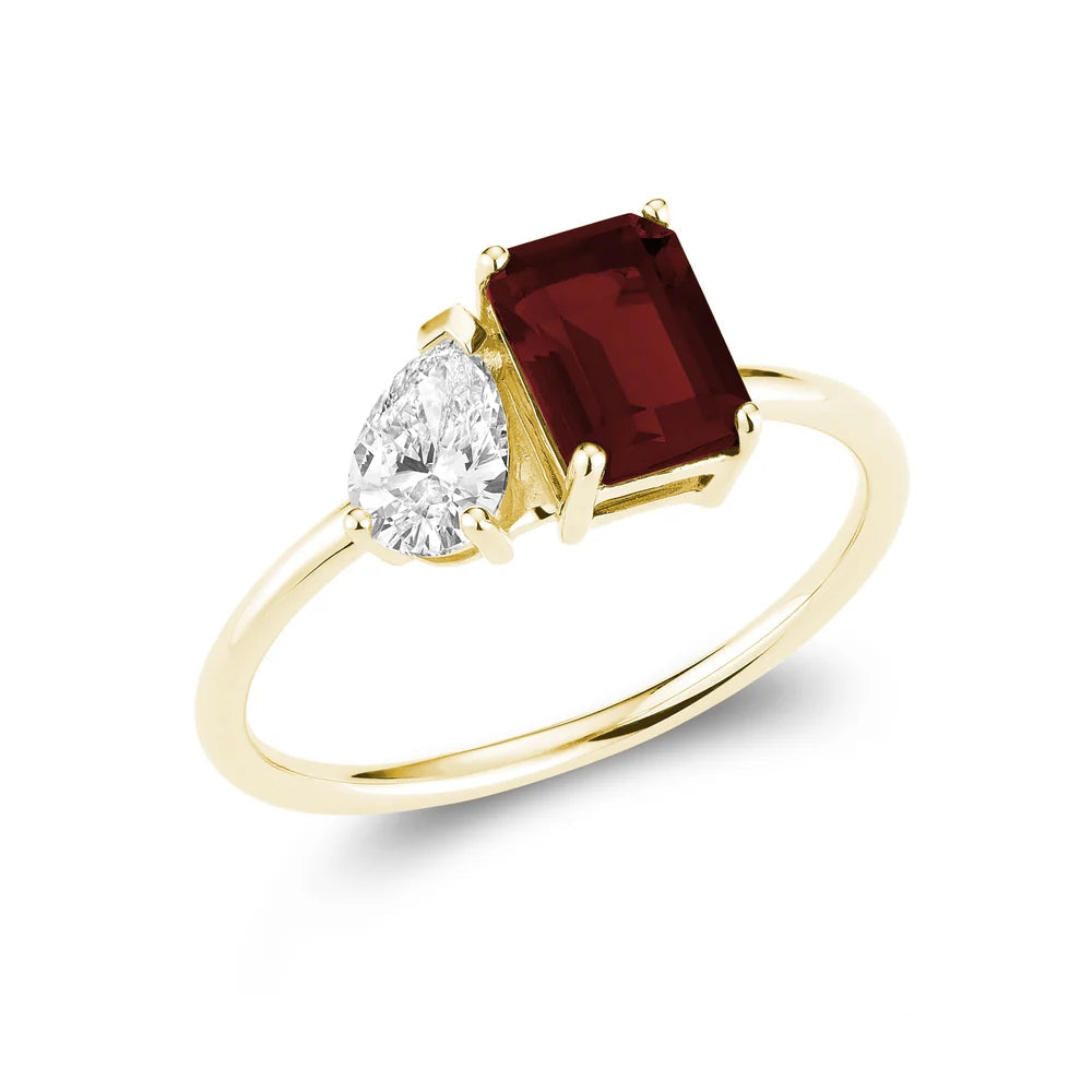 Toi et Moi Pear &amp; Emerald Cut with Lab Grown Diamond &amp; LG Gemstone Ring