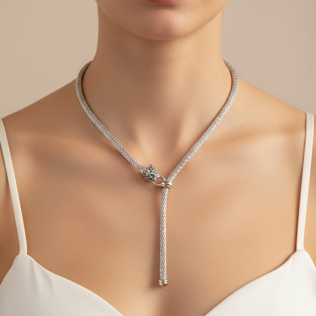 MISS MIMI Mesh Panther Lariat Necklace