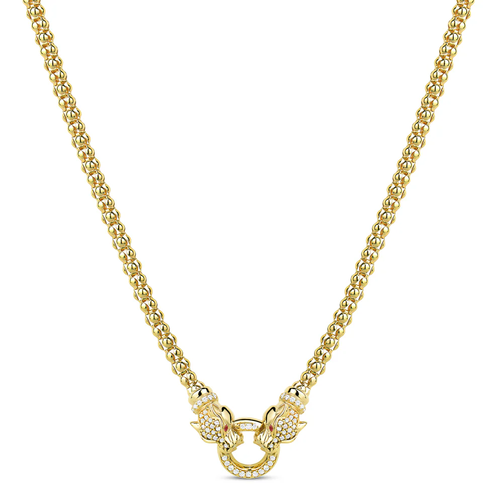 Collier Résille Collier Miss Mimi Double Lionesse maille avec yeux rouges en argent ...