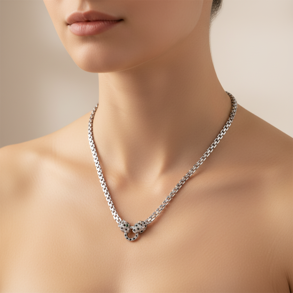 Miss Mimi Small Cube Link Radiant Panthère Necklace with Green Eyes