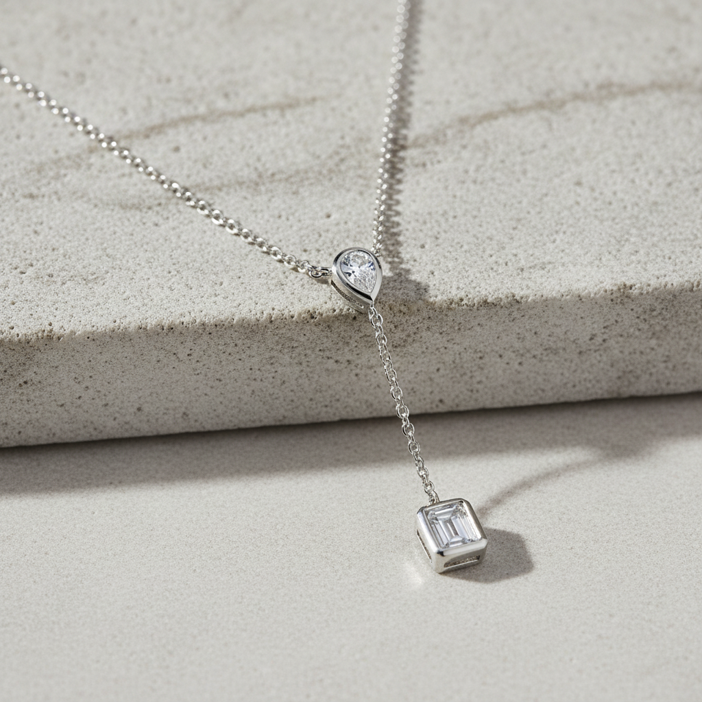 Miss Mimi Pear and Emerald Bezel Lariat Necklace