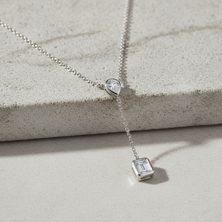 Miss Mimi Pear and Emerald Bezel Lariat Necklace