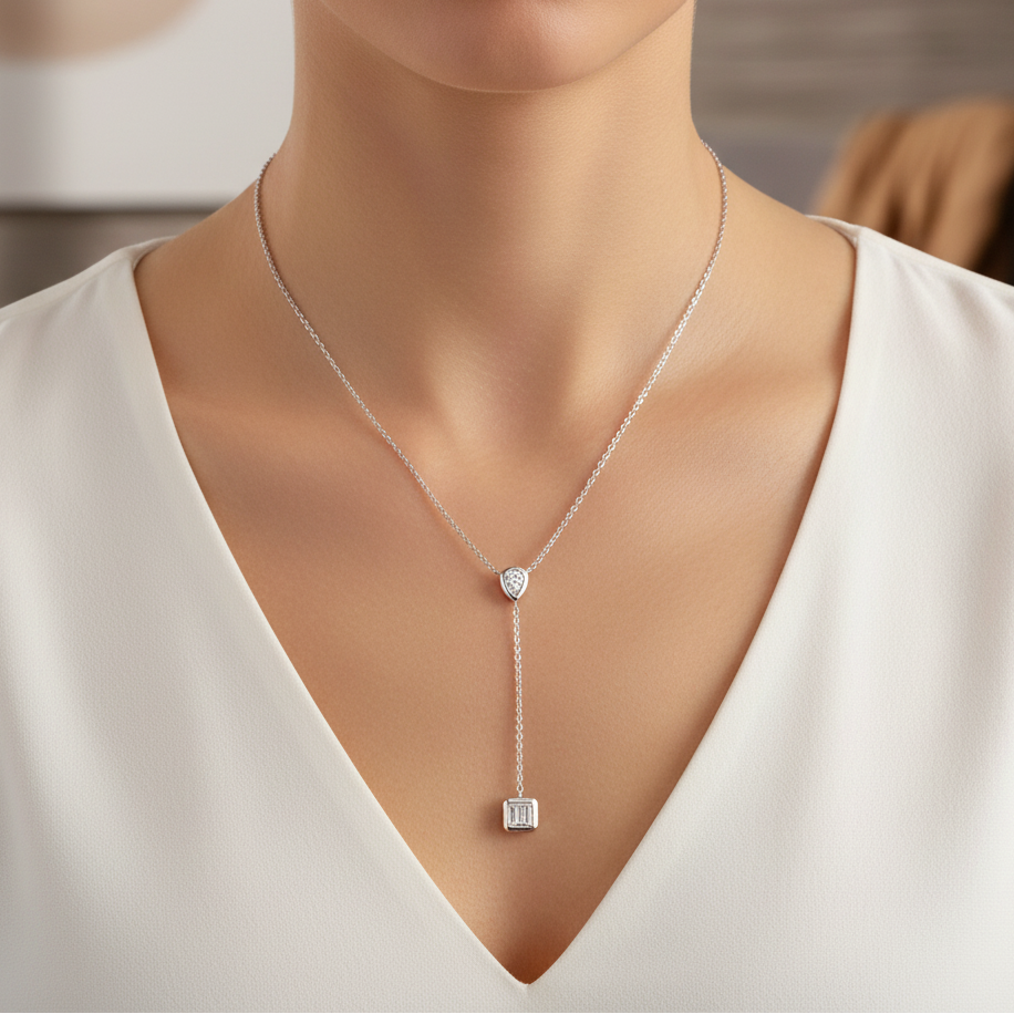Miss Mimi Pear and Emerald Bezel Lariat Necklace