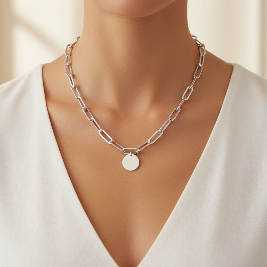Miss Mimi Thick Paperclip Disc Charm Necklace