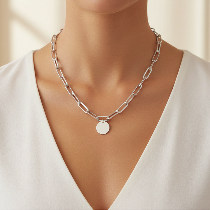 Miss Mimi Thick Paperclip Disc Charm Necklace