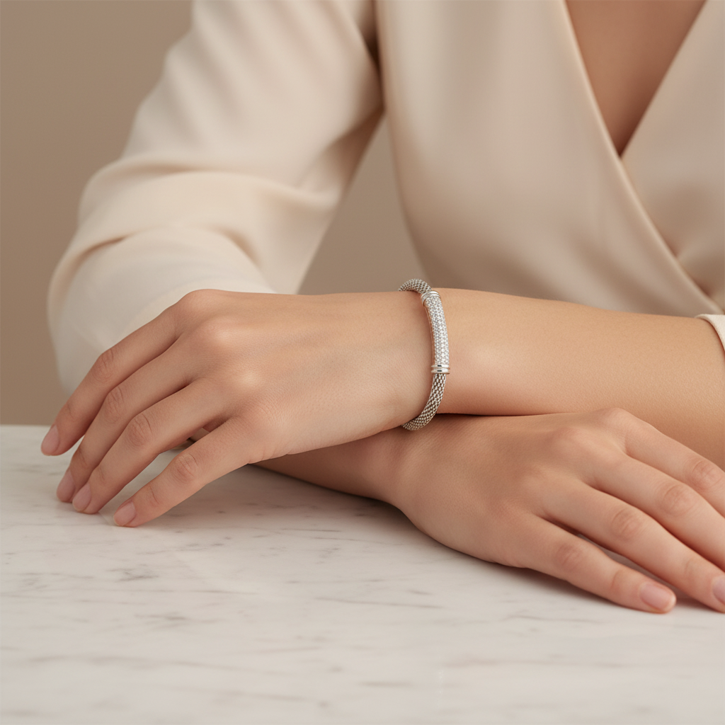 Miss Mimi Slip-On Mesh Bangle with Pavé Bar