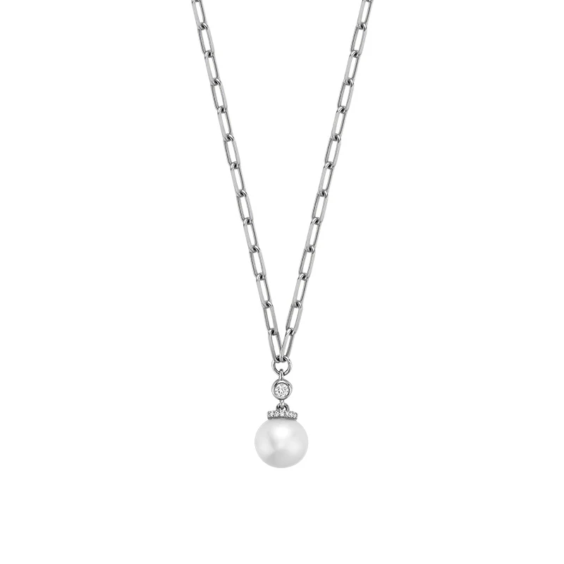 Cultured Pearl & Diamond Drop Necklace On Paper Clip Chain