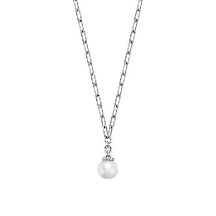 Cultured Pearl & Diamond Drop Necklace On Paper Clip Chain