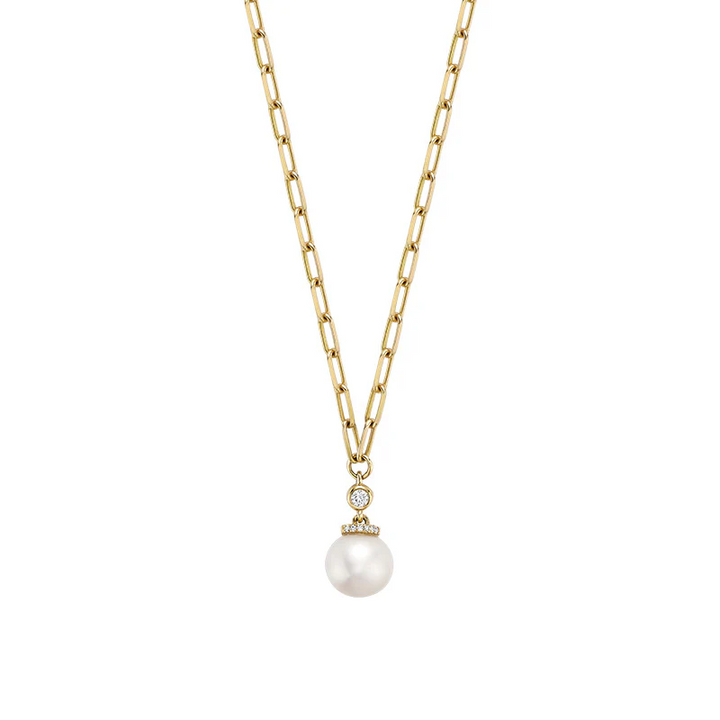 Cultured Pearl & Diamond Drop Necklace On Paper Clip Chain