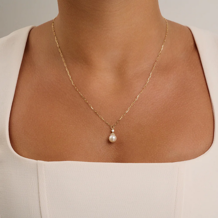 Cultured Pearl & Diamond Drop Necklace On Paper Clip Chain