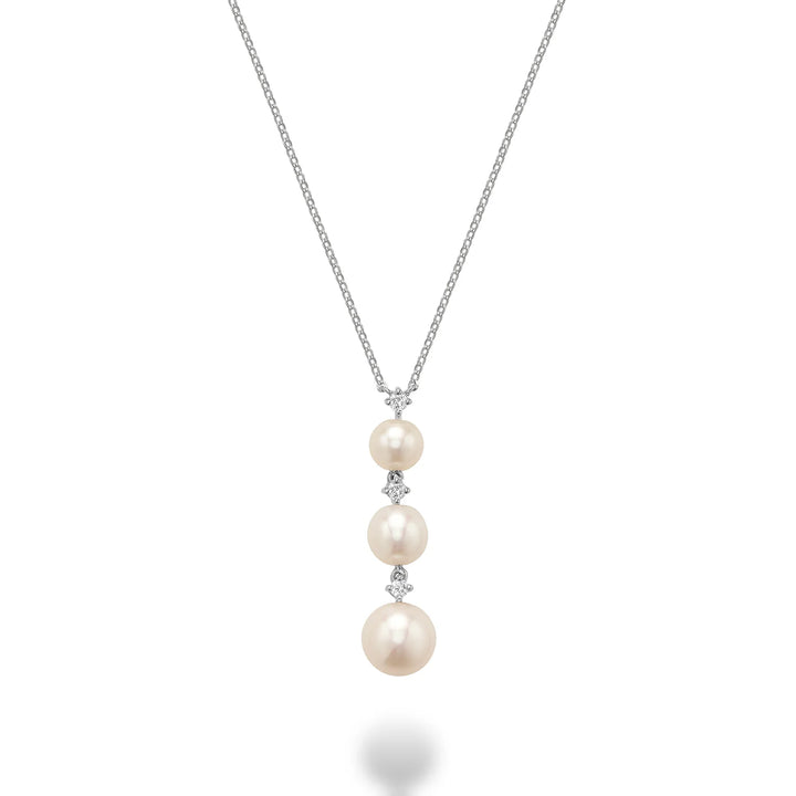 Pearl & Diamond Necklace in 14K Gold with 3 diamonds totaling 0.08CTDI and pearls in three sizes