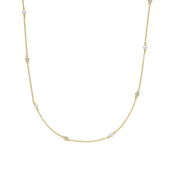 Mini Pearls & Bezel Diamonds Station Necklace