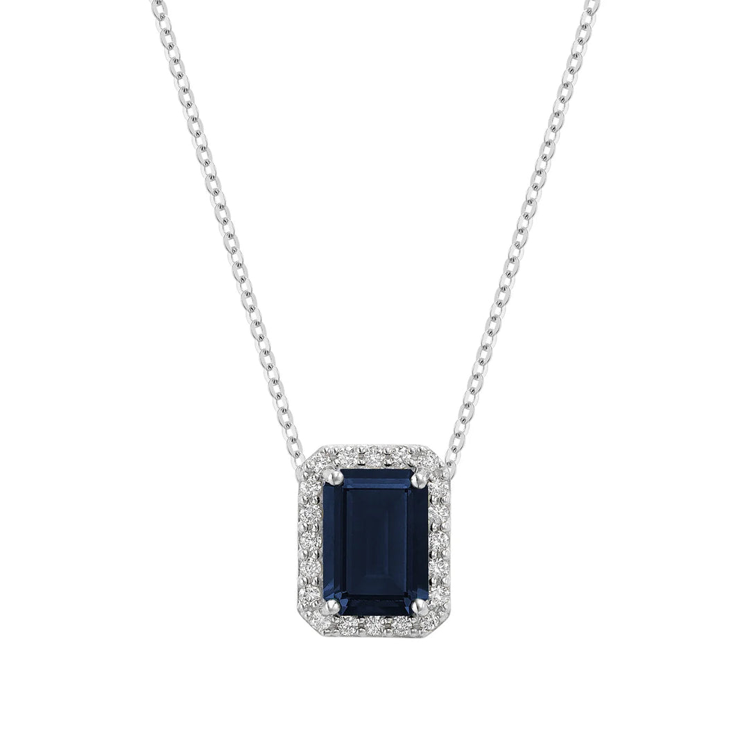 Diamond Halo &amp; Emerald Cut Lab Grown Gemstone Necklace