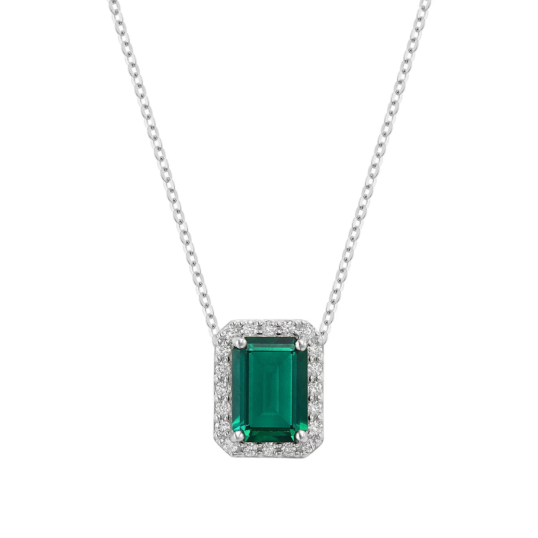 Diamond Halo &amp; Emerald Cut Lab Grown Gemstone Necklace