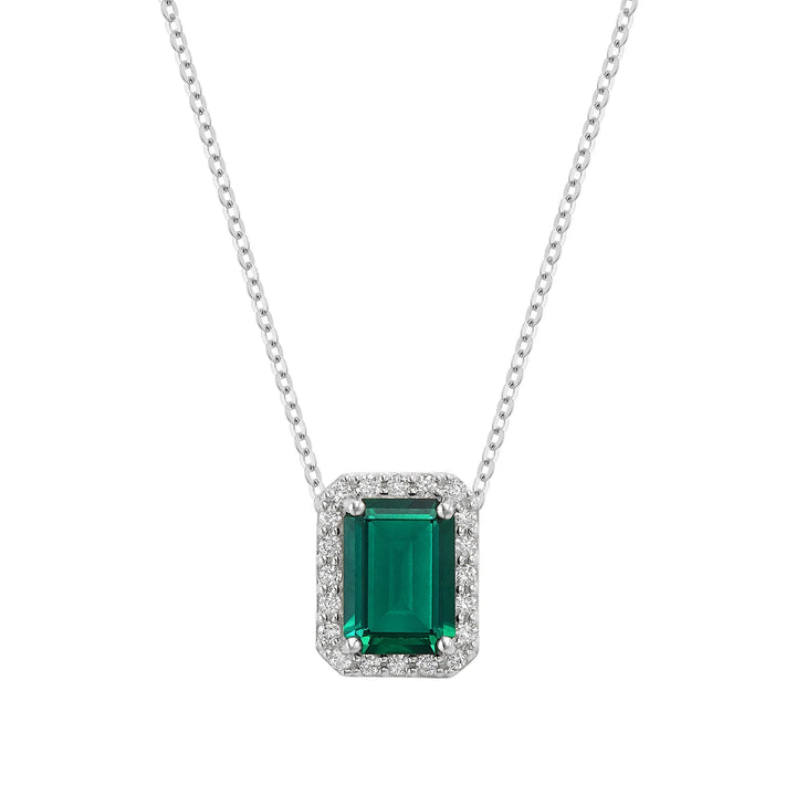 Diamond Halo &amp; Emerald Cut Lab Grown Gemstone Necklace