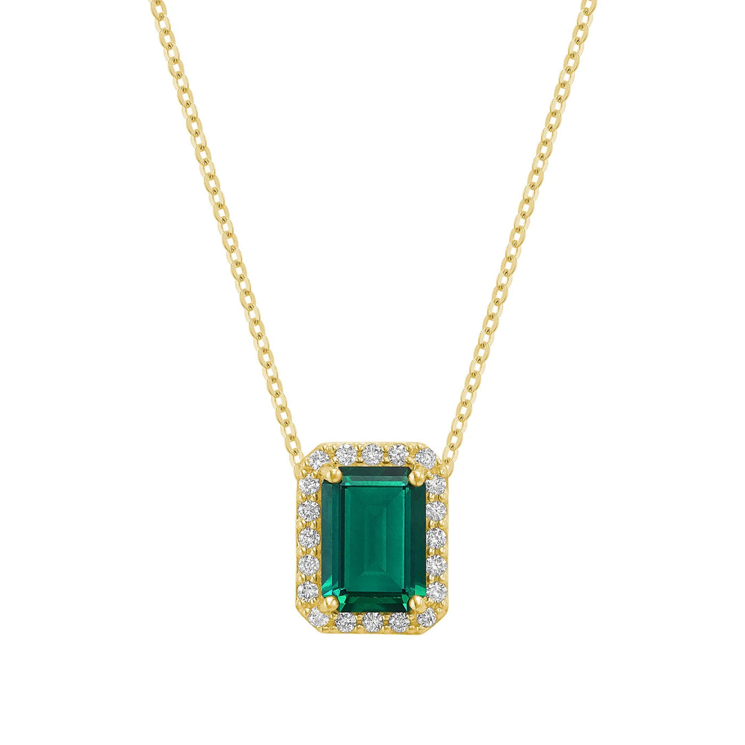Diamond Halo &amp; Emerald Cut Lab Grown Gemstone Necklace