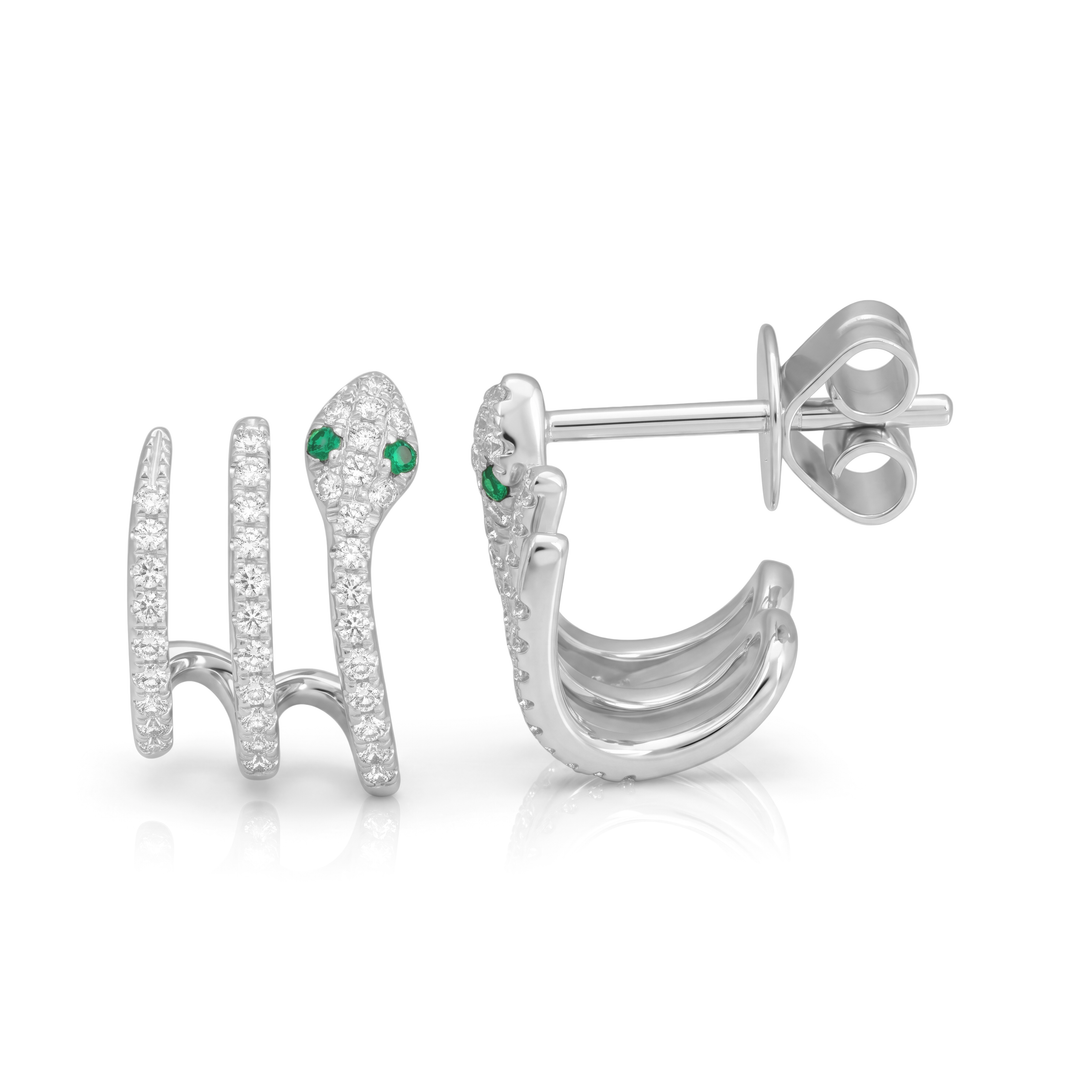 Diamond Snake Lobe Stud Earrings / Green Eye