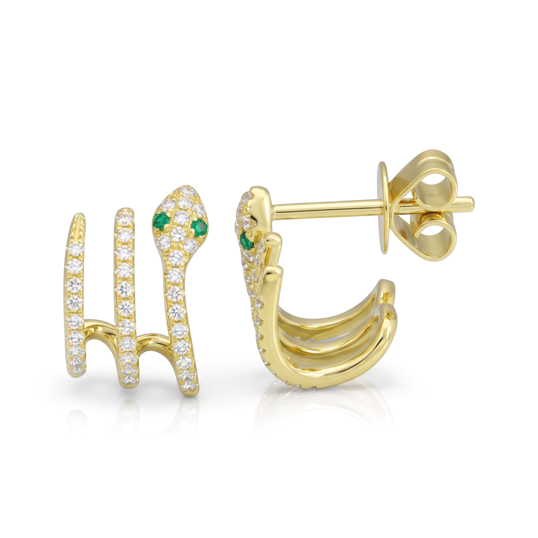 Diamond Snake Lobe Stud Earrings / Green Eye