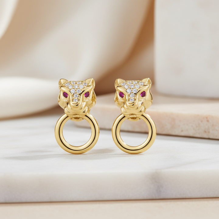 Miss Mimi Classic Lionesse Stud Earrings with Red Eyes