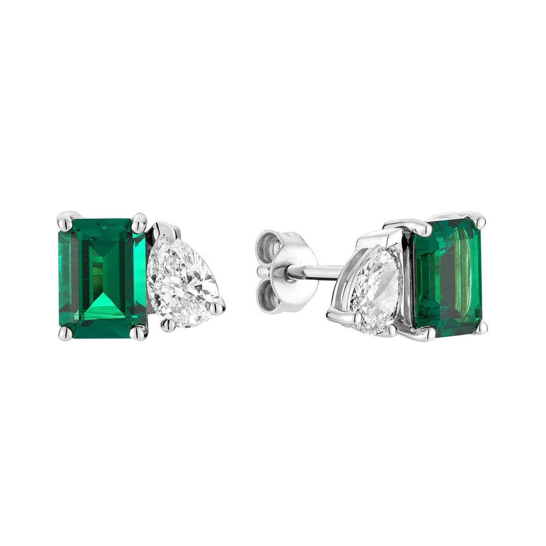 Toi et Moi Pear &amp; Emerald Cut with Lab Grown Diamond &amp; LG Gemstone Stud Earrings