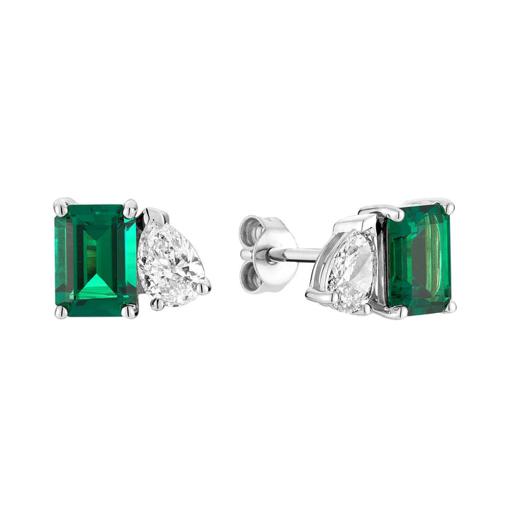 Toi et Moi Pear &amp; Emerald Cut with Lab Grown Diamond &amp; LG Gemstone Stud Earrings