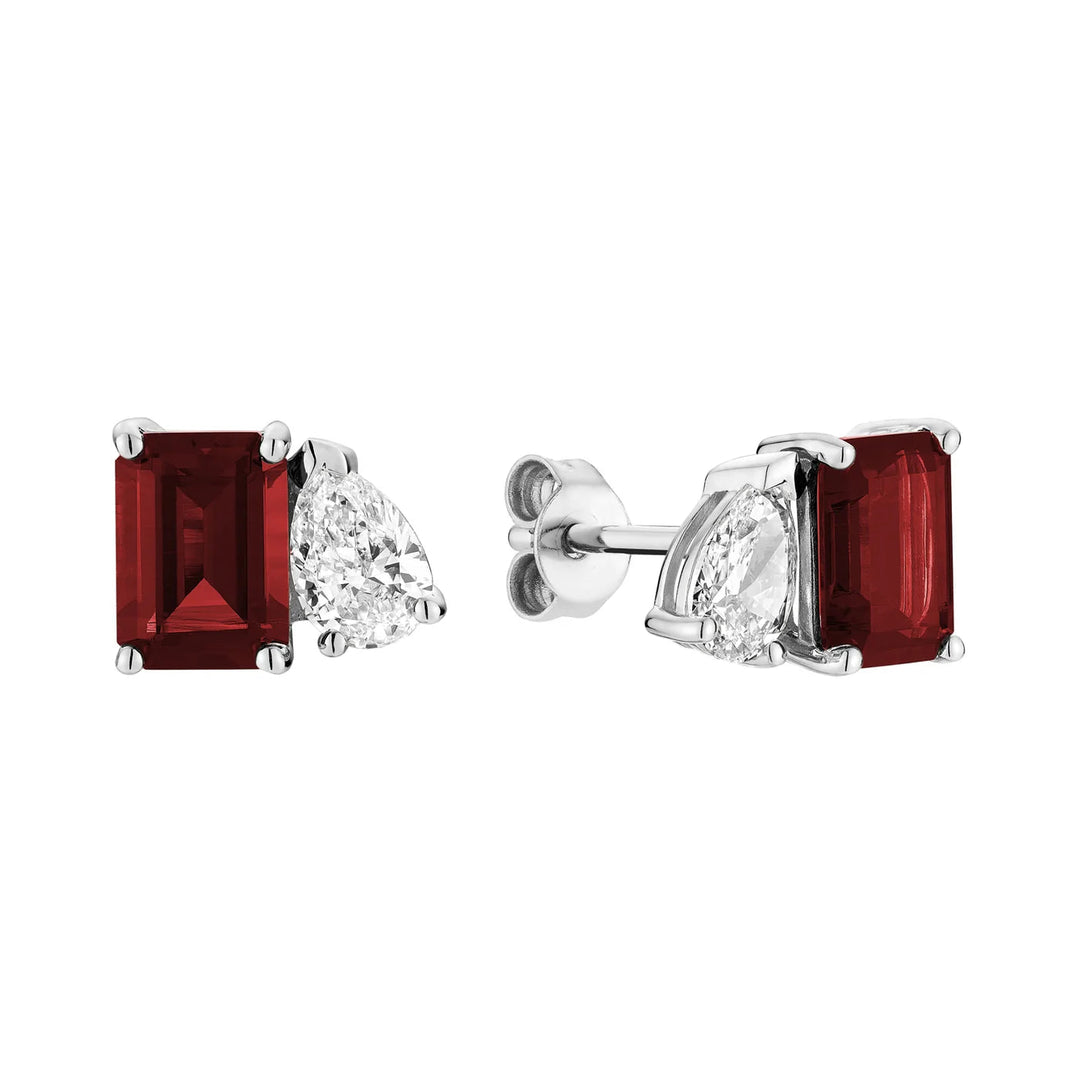 Toi et Moi Pear &amp; Emerald Cut with Lab Grown Diamond &amp; LG Gemstone Stud Earrings