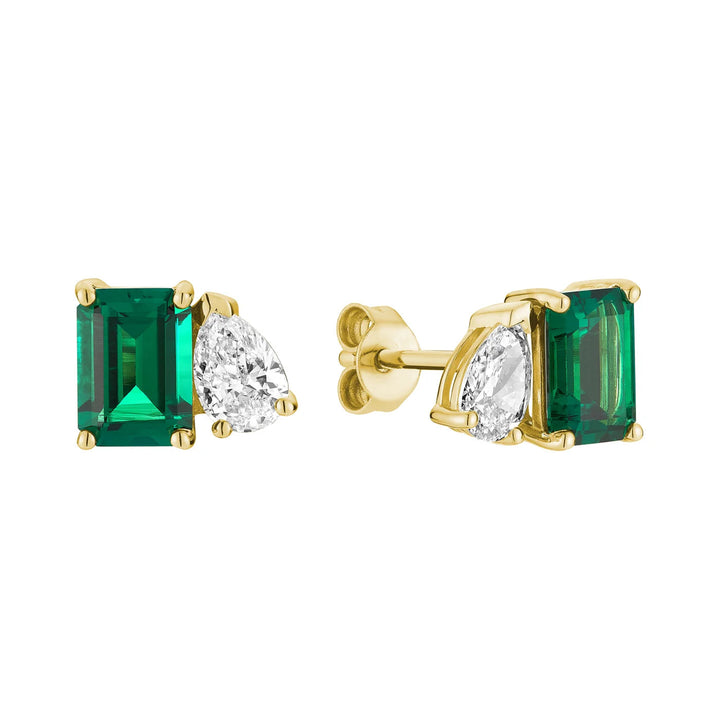 Toi et Moi Pear &amp; Emerald Cut with Lab Grown Diamond &amp; LG Gemstone Stud Earrings