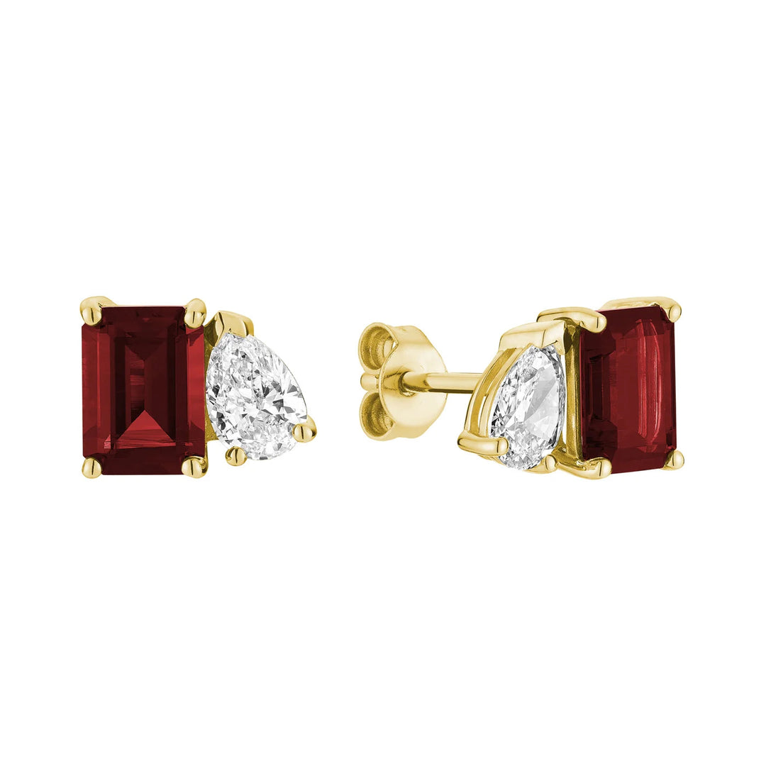 Toi et Moi Pear &amp; Emerald Cut with Lab Grown Diamond &amp; LG Gemstone Stud Earrings