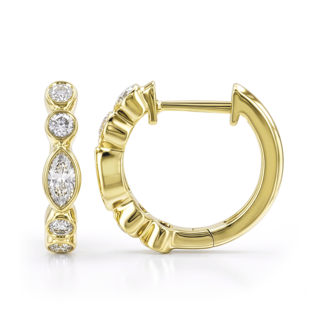 Bezel Setting Diamond Huggie Earrings / Marquise & Round