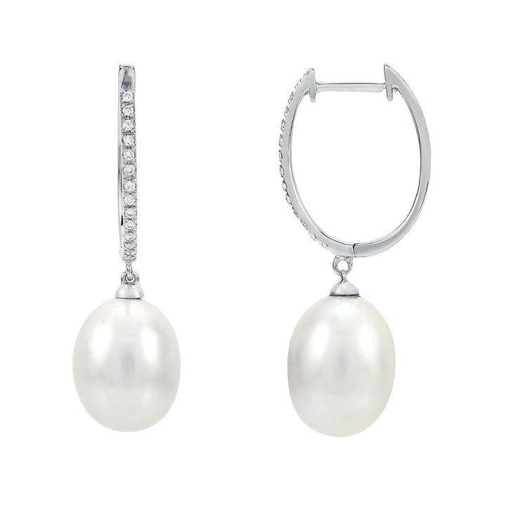 Dangling Pearl Diamond Hoop Earrings