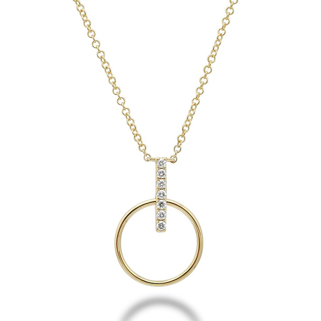 Diamond Bar & Circle Necklace in 14K Gold with 7 diamonds totaling 0.08CTDI