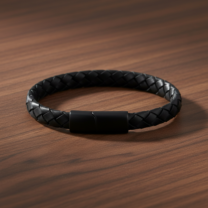 A.R.Z Steel Flat Woven Leather Bracelet 8mm