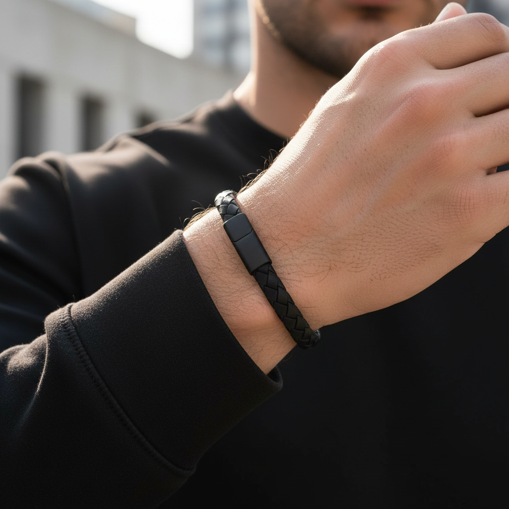 A.R.Z Steel Flat Woven Leather Bracelet 8mm