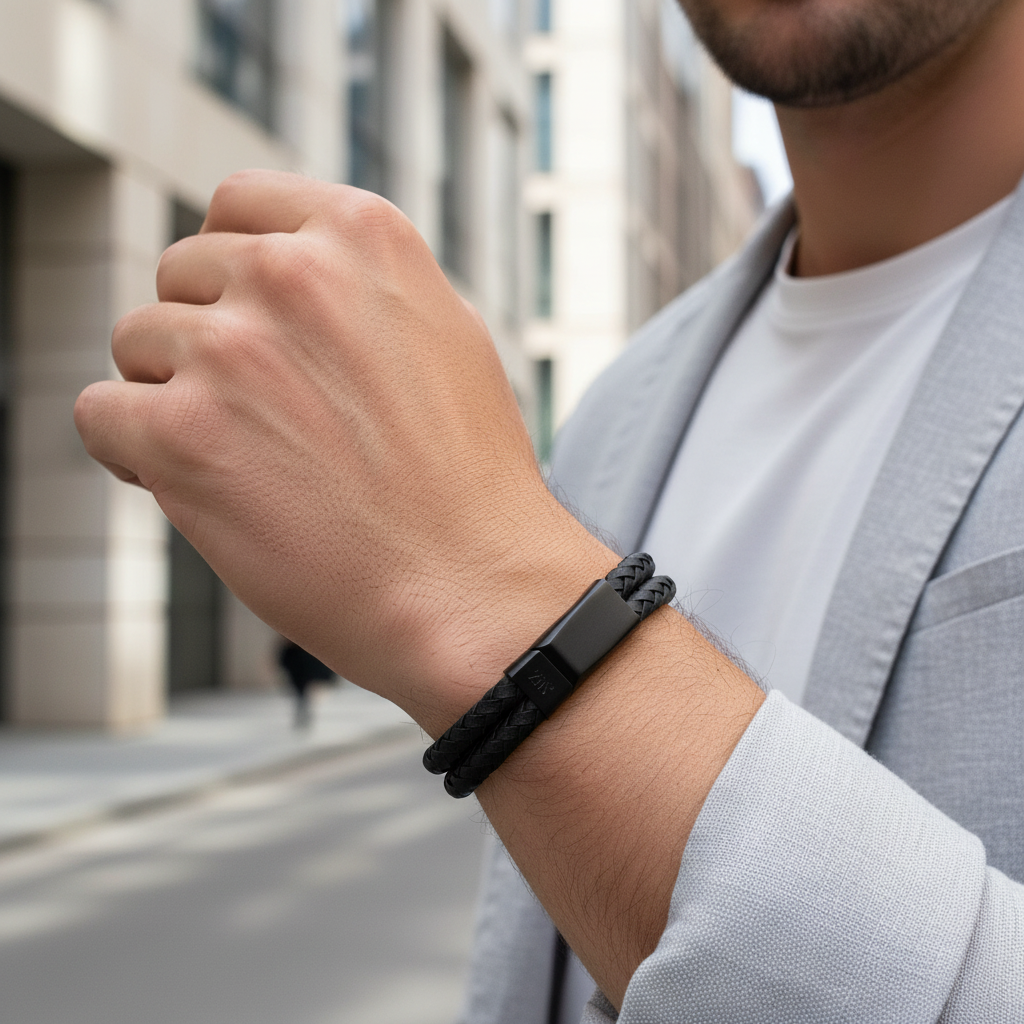 A.R.Z Steel Double Row Leather Bracelet 12mm