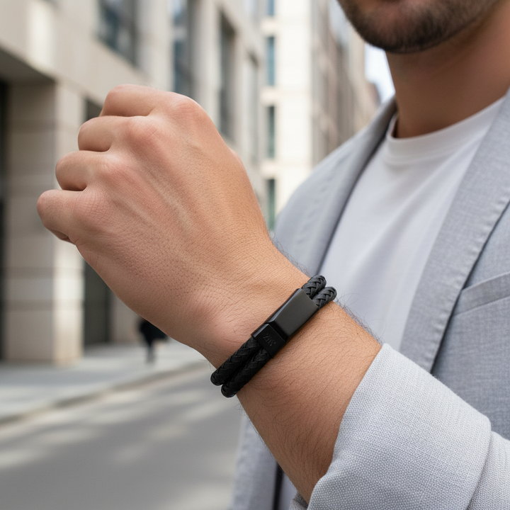 A.R.Z Steel Double Row Leather Bracelet 12mm