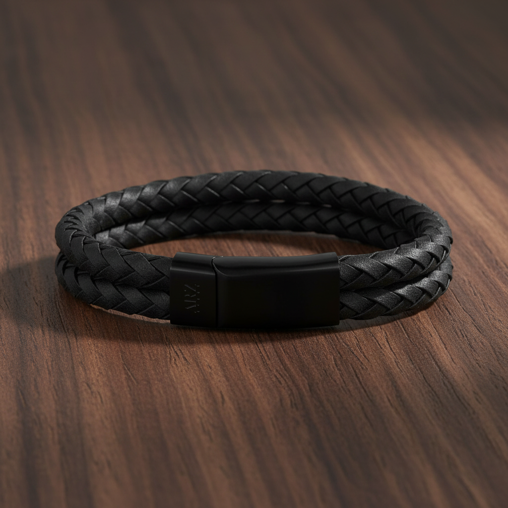 A.R.Z Steel Double Row Leather Bracelet 12mm