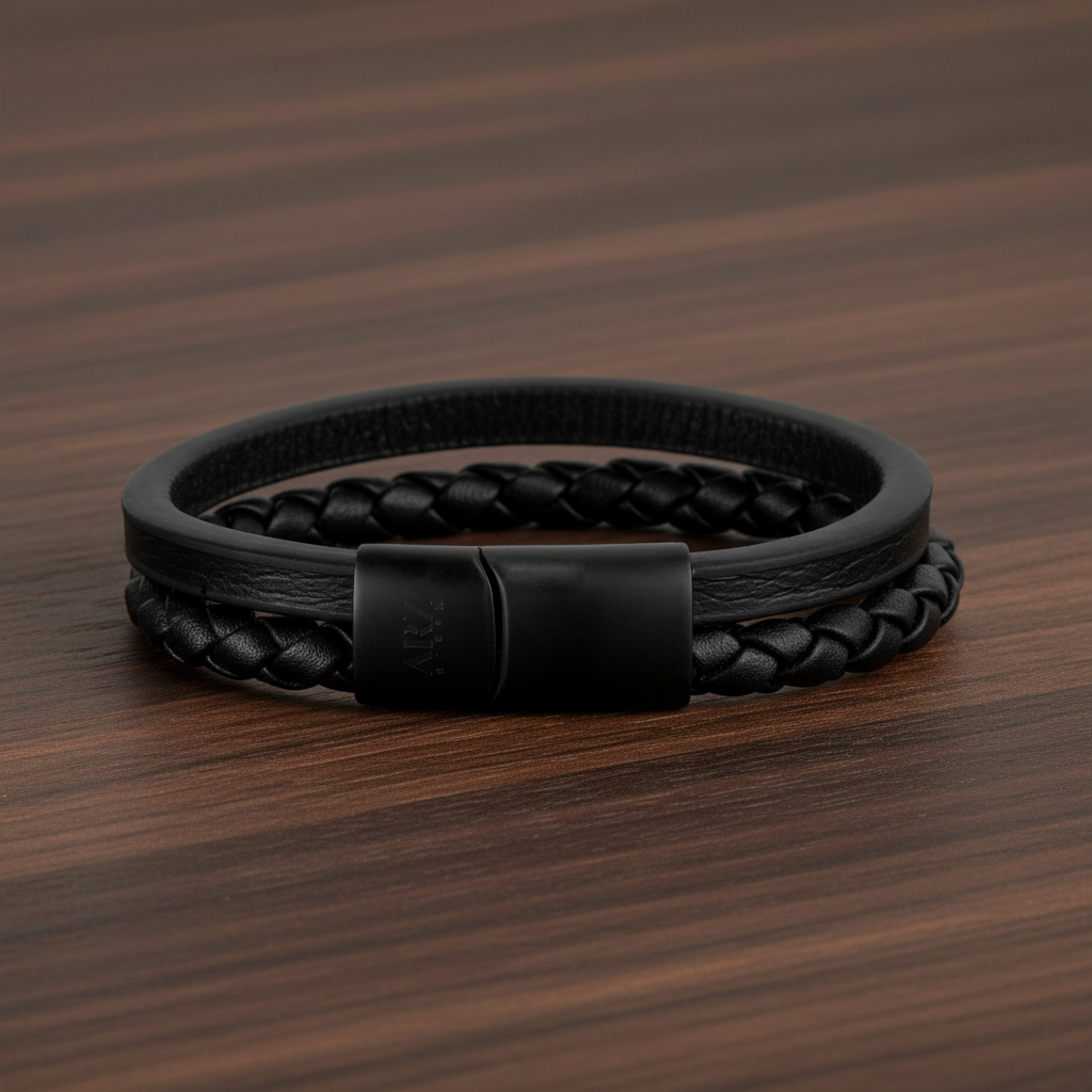 A.R.Z Steel Double Strand Leather Bracelet