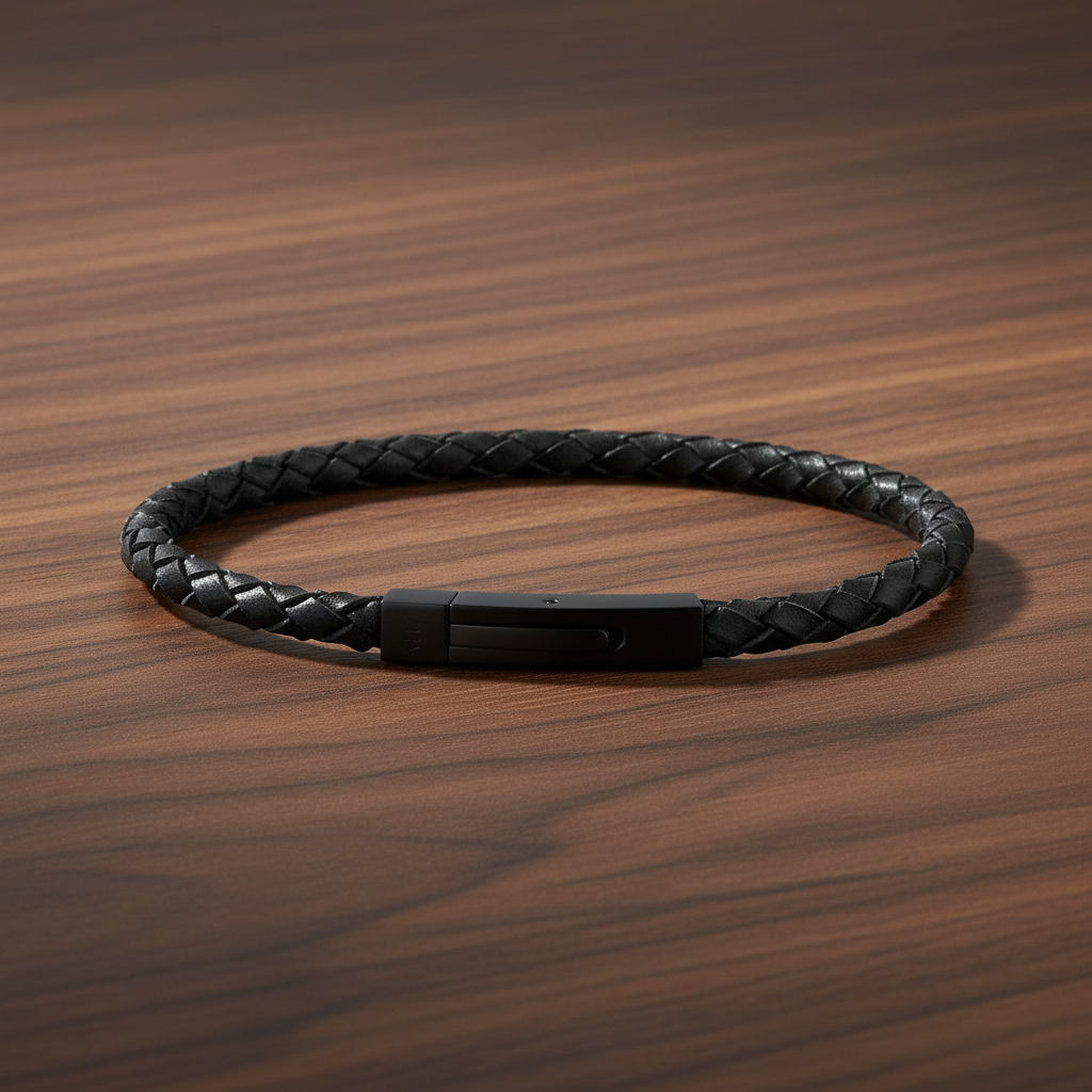 A.R.Z Steel Slim Woven Leather Bracelet