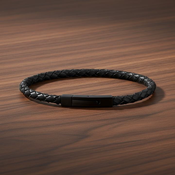 A.R.Z Steel Slim Woven Leather Bracelet