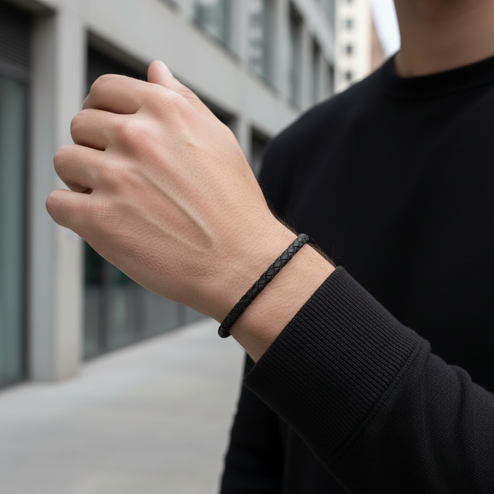 A.R.Z Steel Slim Woven Leather Bracelet