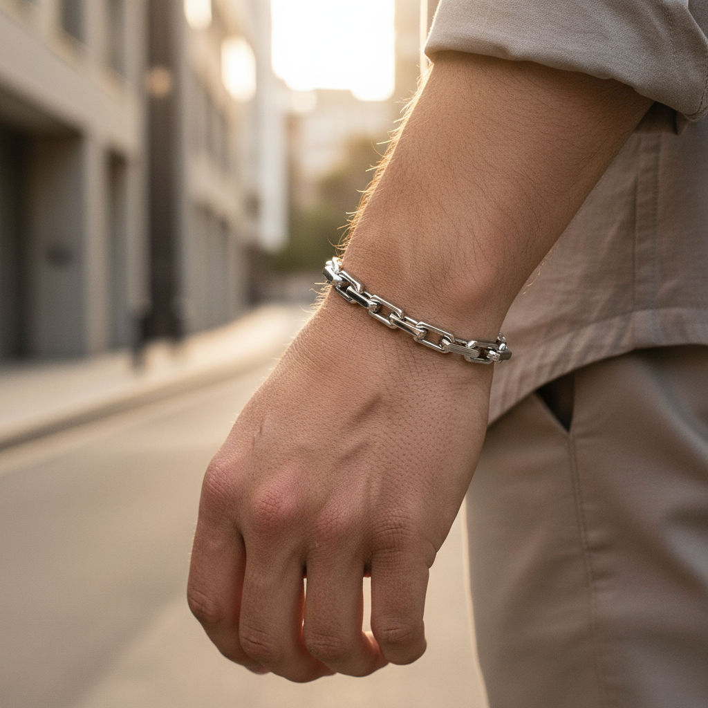 A.R.Z Steel Rectangular Link Bracelet 7mm
