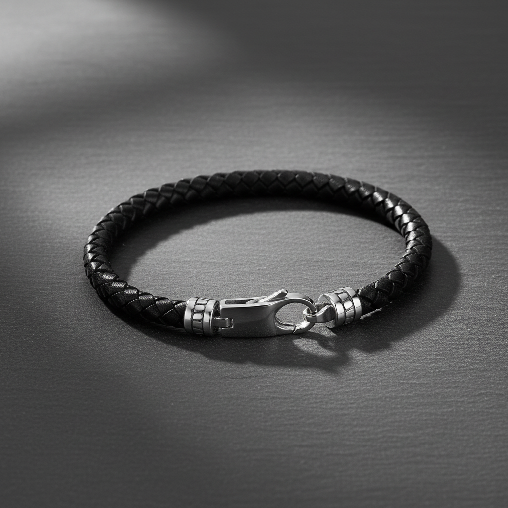 A.R.Z Steel Black Leather Bracelet 5mm