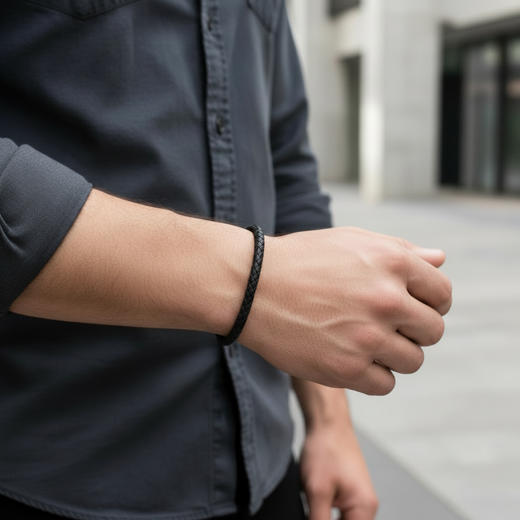A.R.Z Steel Black Leather Bracelet 5mm