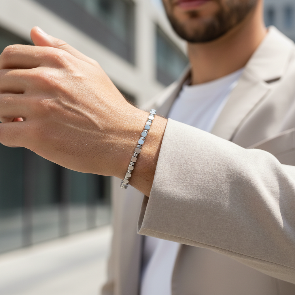 A.R.Z Steel Matte & Polished Steel Bead Bracelet 4mm
