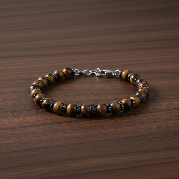 A.R.Z Steel Tiger’s Eye Stone Bracelet with Steel Details 6mm