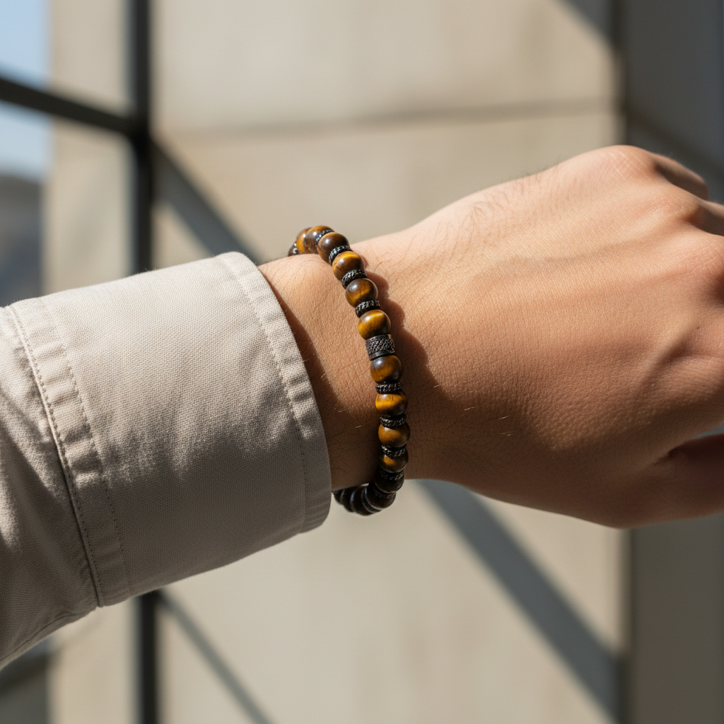 A.R.Z Steel Tiger’s Eye Stone Bracelet with Steel Details 6mm